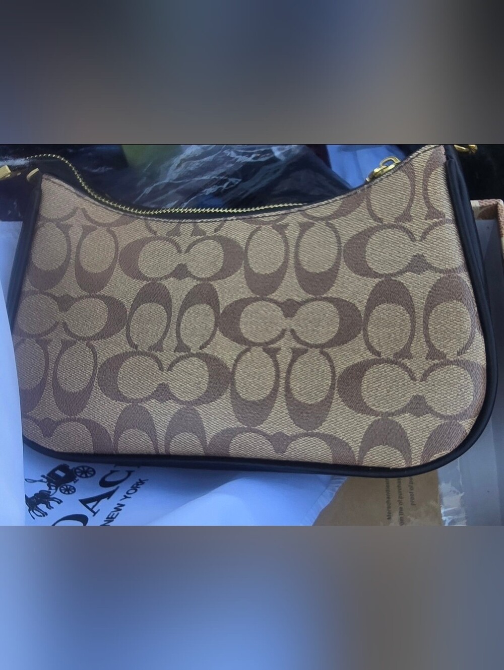 Coach Brown Signature Canvas Shoulder Bag with Dark Trim
